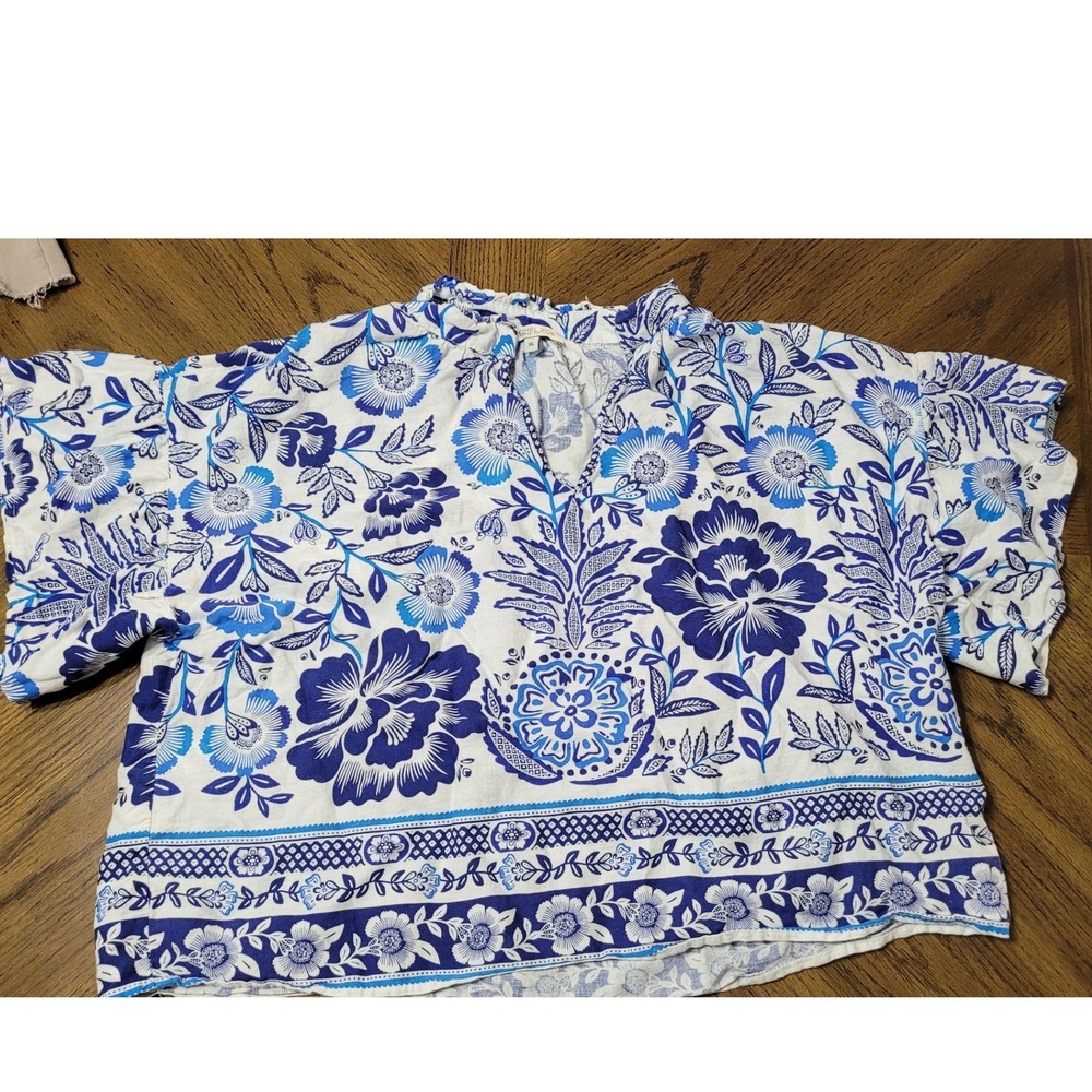 Rachel Zoe Blue White coastal Mediterranean Linen Blend Ruffle sleeve Top XL